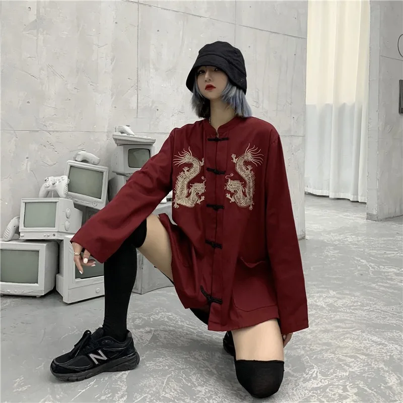 QWEEK Harajuku Blusen Frauen Chinesischen Stil Dragon Shirt Stickerei Strickjacke Langarm Tops 2021 Mode Retro Streetwear Chic