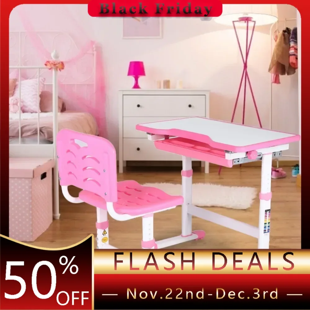 Ajustável Pull Out Drawer Table Set para Crianças, Study Homework Desk Chair, Crianças Atividade Art Table Set, Pink Table Set