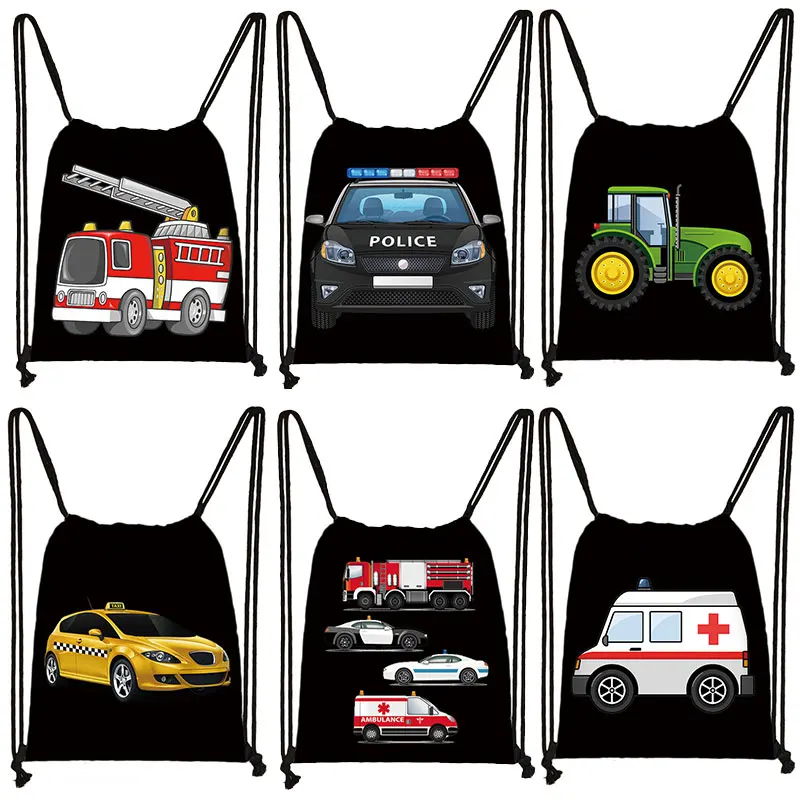 Cartoon Excavator Truck Taxi Print Backpack Fire engine Drawstring Bags Women Shoulder Bag for Travel Bookbags Shoes Holder Gift