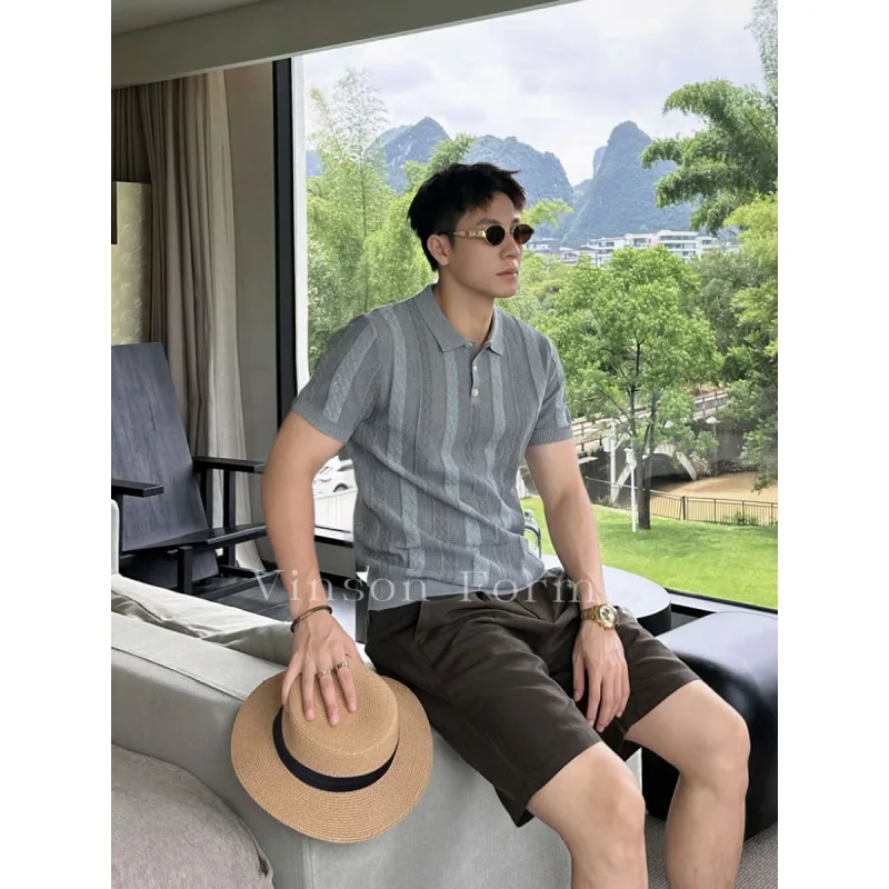Summer New Style Men's Old Money Style Open-Back Silk Knitted Sweater with Colorful Texture Polo