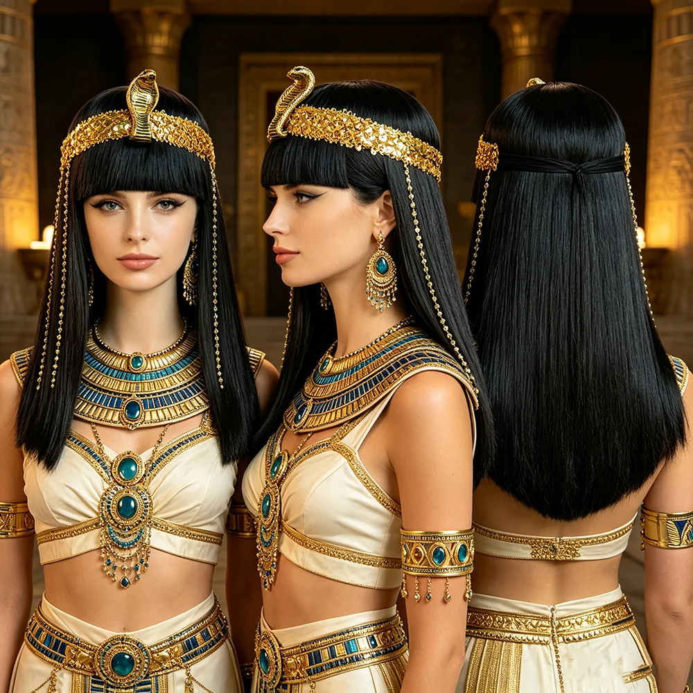Long Straight Black Wig With Bangs Ancient Egyptian Noble Synthetic Hair Accessory for Halloween Party Themed Role Cosplay