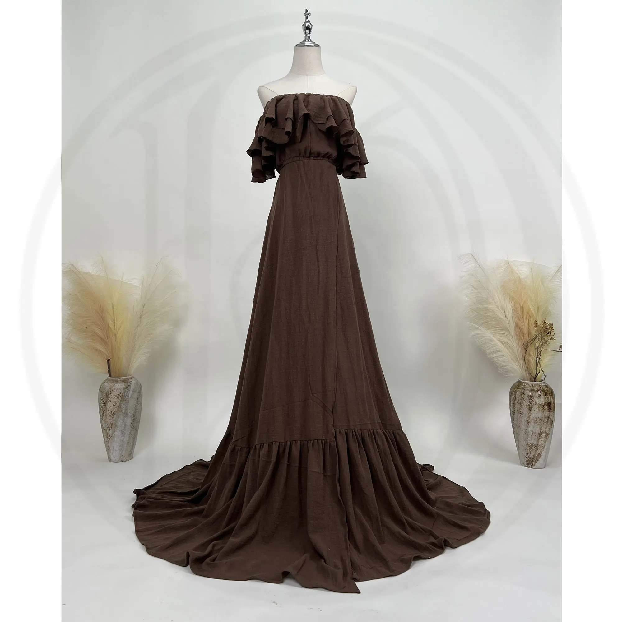 Don&Judy Boho Maternity Maxi Dress Off-Shoulder Ruffle Flutter Sleeves Empire Waist Flowy A-Line Skirt Floor Length Evening Gown view 3
