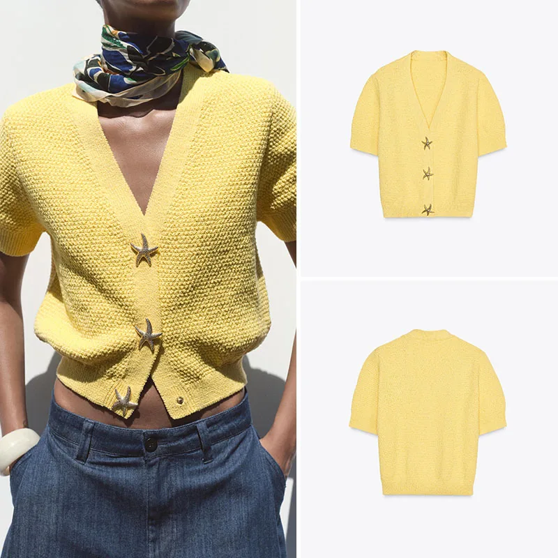 Spring New Arrival Women's Knitted Short Sleeve V-Neck Coat Button Decor Standard Fit Casual Style Outerwear for Ladies