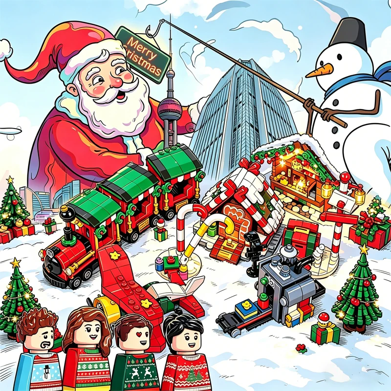 MOC City Series Weihnachtsfiguren-Szenen-Bausteine: Straßenansicht, Winter-Schneemann, Zug, Zuckerstange, Haus, Möbel, Bausteine, Spielzeug