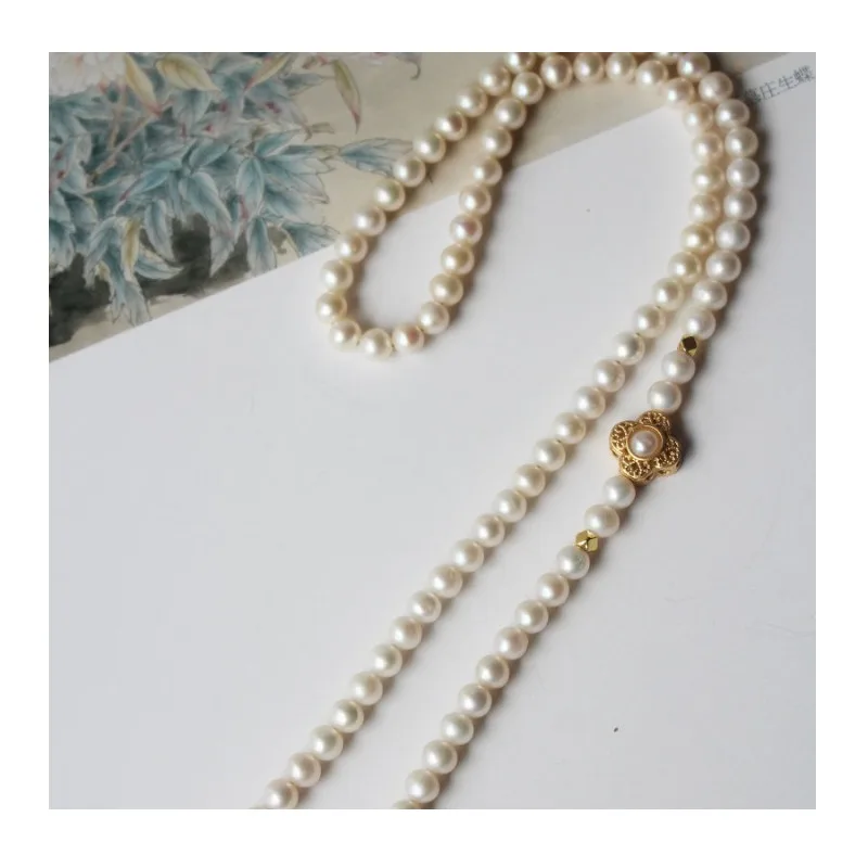 

Imitation Pearl Binaural Necklace, Gold Lock, Long Life Lock, Woven Rope Necklace, Gold Wishful Pendant, Sweater Chain, Light Lu