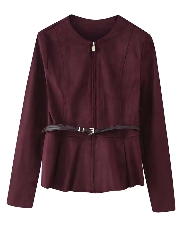 Femmes Vintage veste en daim 2025 automne nouvelle mode col rond à manches longues avec ceinture manteau femme haute rue à manches longues nouvelles vestes