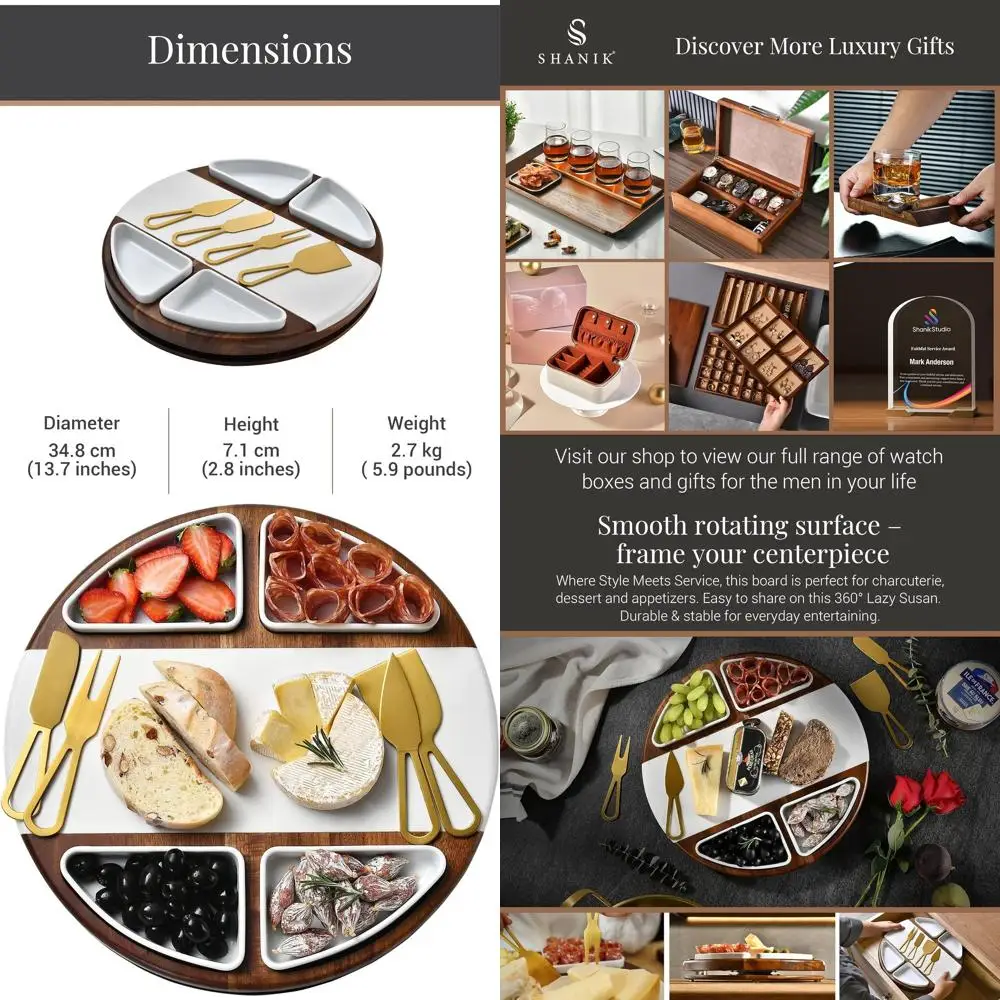 

Round Acacia Cheese Board Set with 4 Ceramic Dishes - Elegant Wedding & Bridal Shower Gift