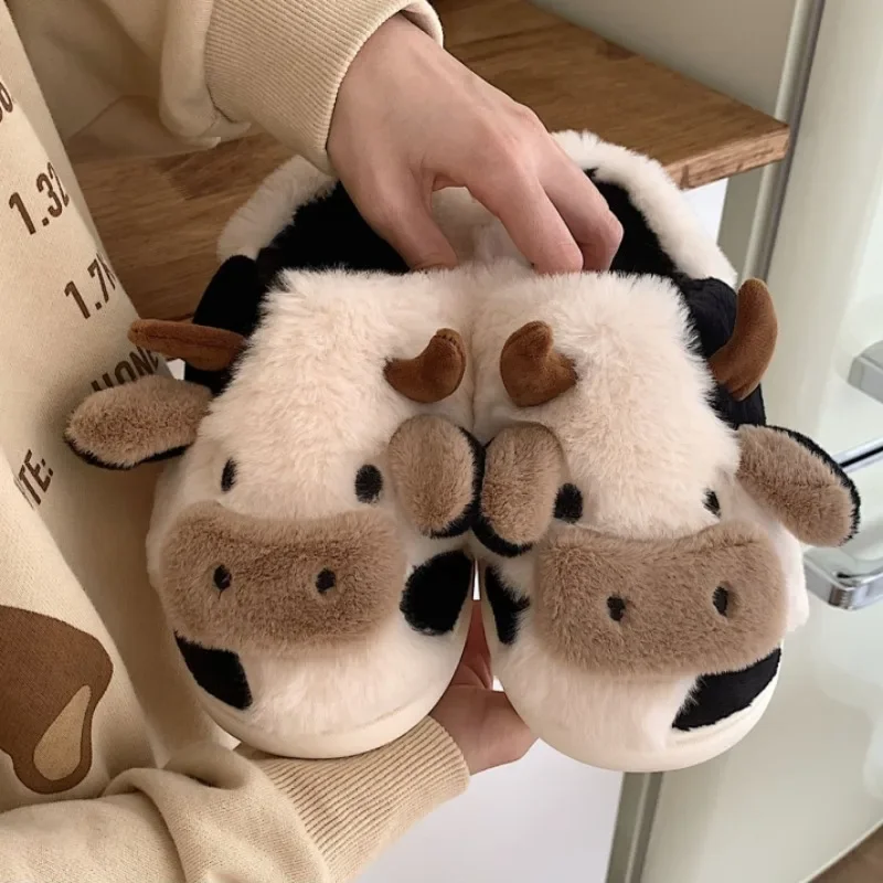 Cute cow cotton slippers winter fashion furry slippers girls indoor home warm plush shoes couple shoes 2024 new cotton slippers