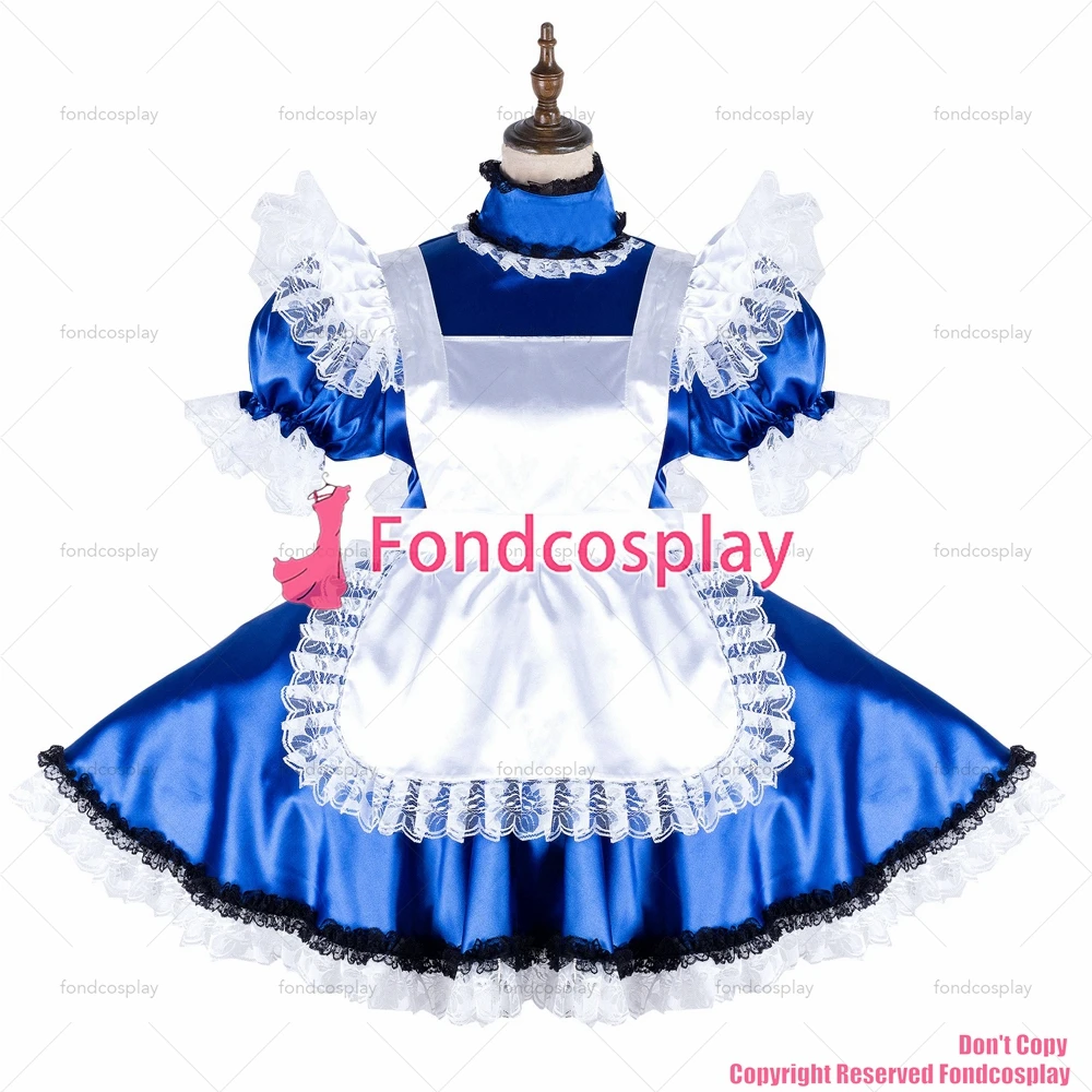 fondcosplay adult sexy cross dressing sissy maid short blue satin dress lockable Uniform white apron costume CD/TV[G2137]