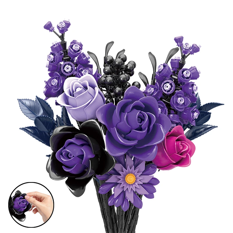 Zestaw do budowania fioletowej róży dla dorosłych, ciemny, elegancki model bukietu, romantyczny prezent, dekoracja na biurko, sztuka kwiatowa, przedmiot kolekcjonerski.