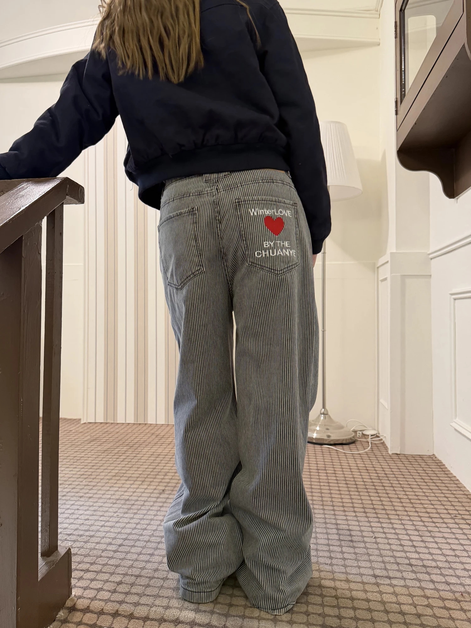 

Американские джинсы премиум-класса с начесом, свободного прямого кроя, повседневные, длинные, в полоску, с вышивкой букв, женские