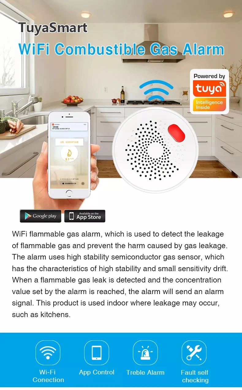 SMARSECUR-Gás GPL Leak Alarm, Fire Security Detector, Controle APP, Smart Home Vazamento Sensor, Tuya, Wi-Fi