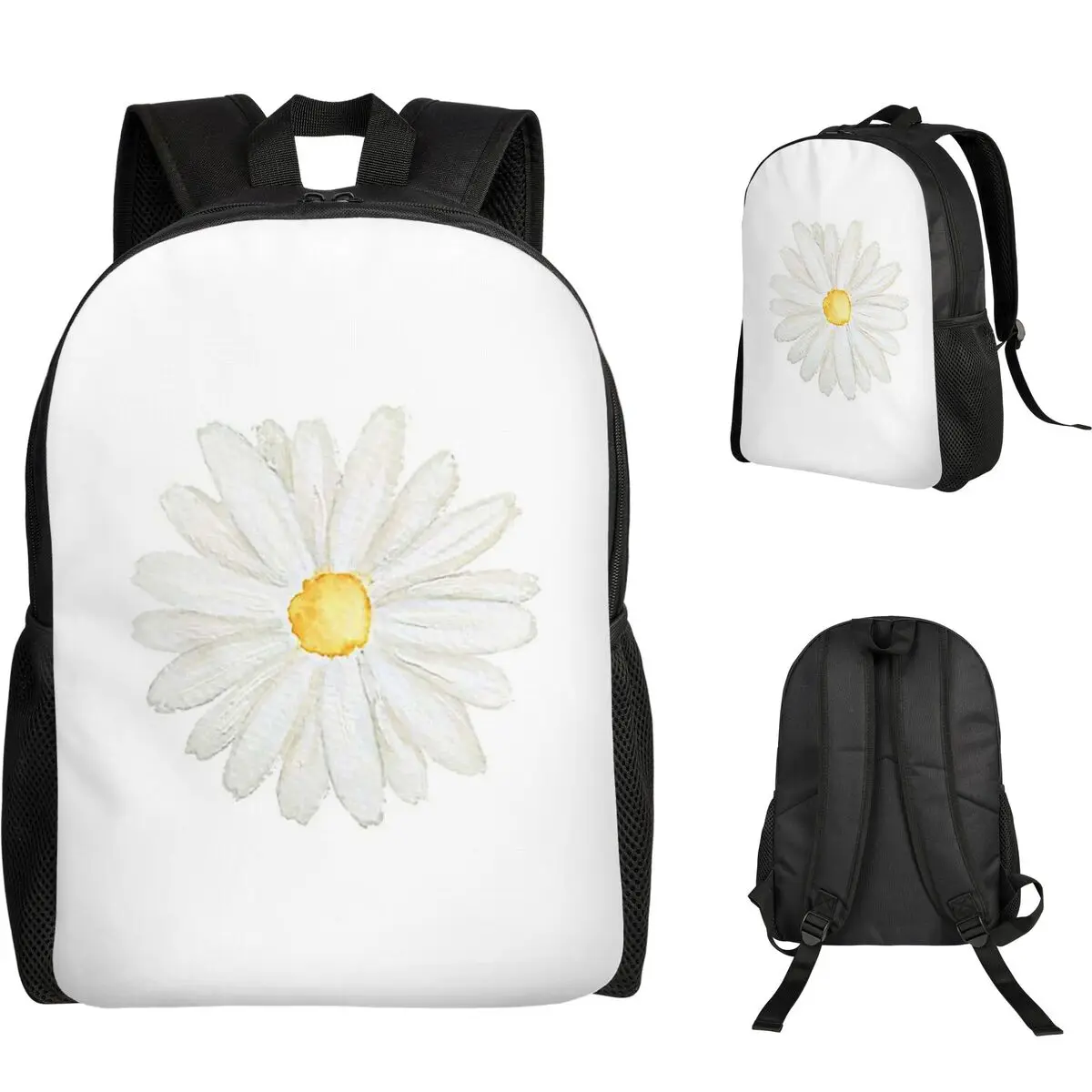 Hand Painted One Little White Daisy Watercolor Student Backpack School Bag Hiking Travel Daypack Fashion Bookbag Shoulder Bags
