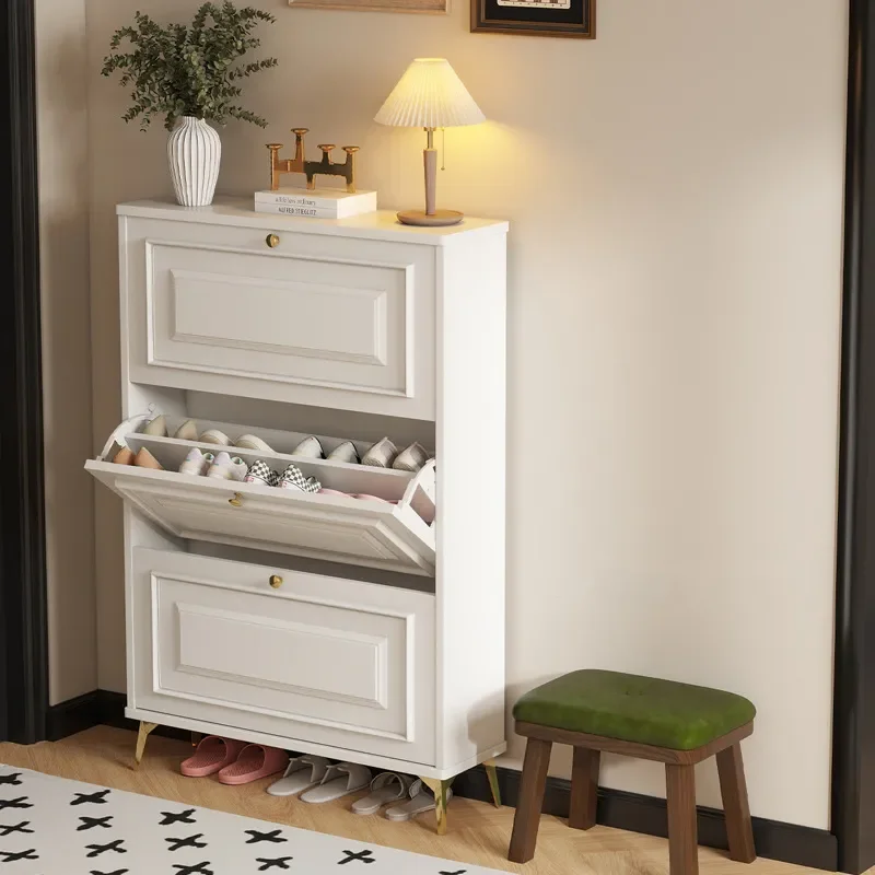 For Ultra-thin Cream Shoe Cabinet Large Capacity Storage Household Entrance Narrow Tipping Bucket Locker Space Saving Modern