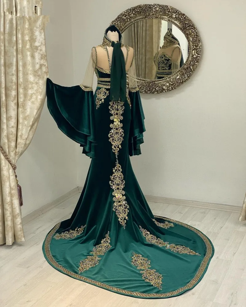 Emerald Hunter Green Mermaid Arabic Caftan Prom Dresses with Fairy Long Sleeve Gold Applique Moroccan Evening Occasion Gown