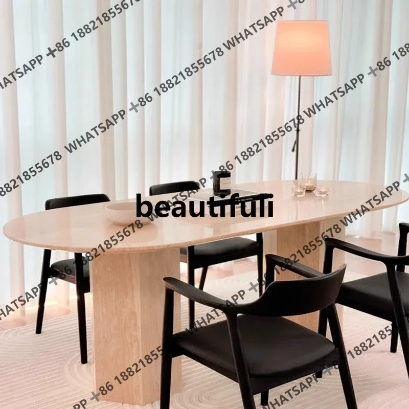 

Z136Wabi Sandy Wind Natural Travertine Dining Table Household Premium Light Luxury Long Dining Table Multi-person Dining Table