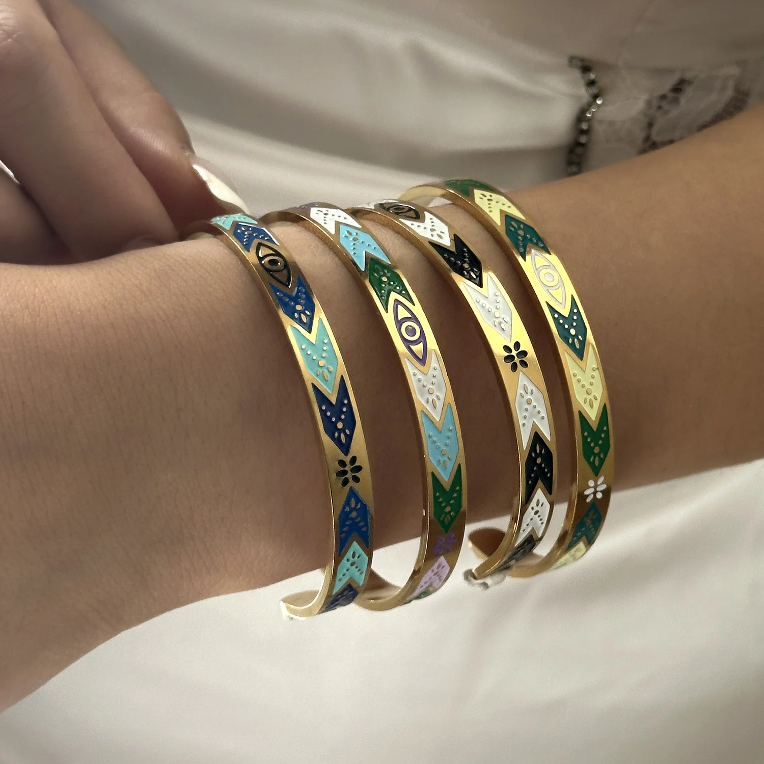 

Stainless Steel Enamel Dripping Oil Open Bracelet For Women Lucky Evil Eye Geometric Bangle Daily Party Waterproof Jewelry Gift