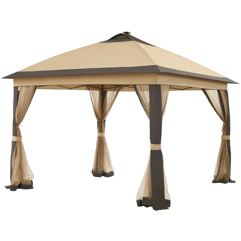 Easyfashion 11x11ft Garden Gazebo Canopy with Mesh Netting & LED Lights, Khaki