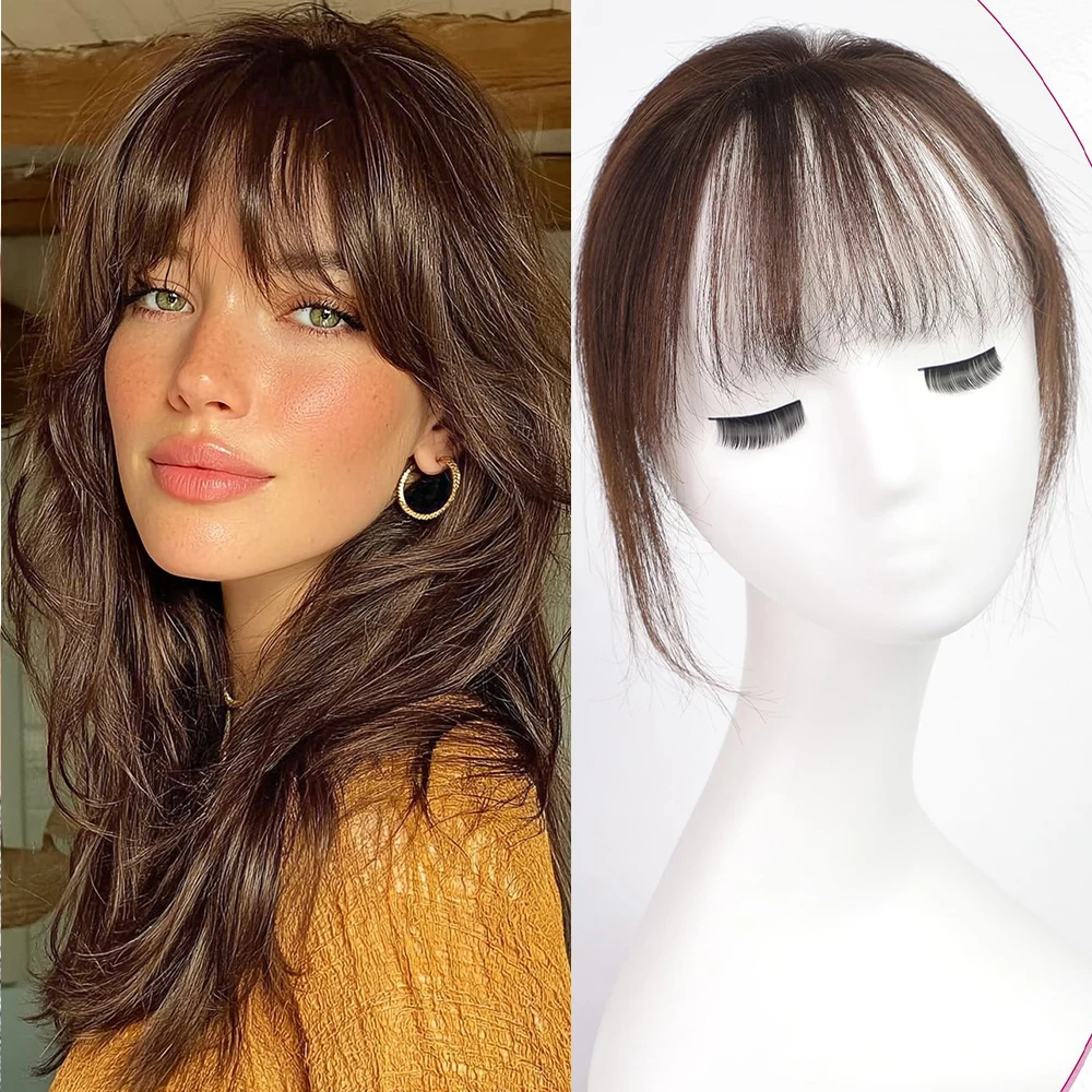 100% Human Hair Bangs Clips in Air Fringe Bangs Hairpiece for Women Dark Brown Remy Human Hair Bangs Hair Extension 4.5inch