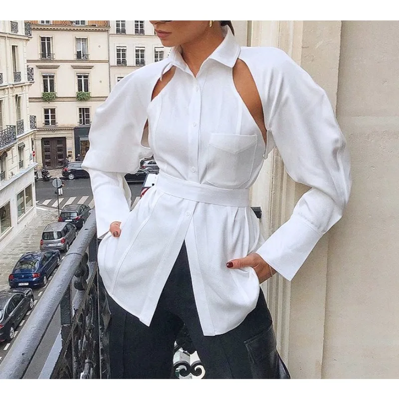 قميص ربيعي بسيط موضة ربيع 2026 أبيض مجوف متوسط وطويل من الأسفل قميص نسائي ضيق بأكمام طويلة في مكان العمل #1