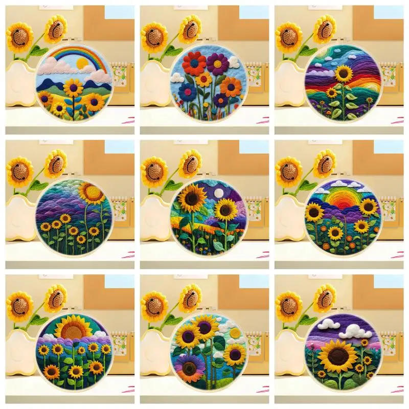 

CHENISTORY DIY Sunflowers Needle Felting Painting Kit with Embroidery Floral Wool Felt Craft Set for Beginners Home Decor ﻿