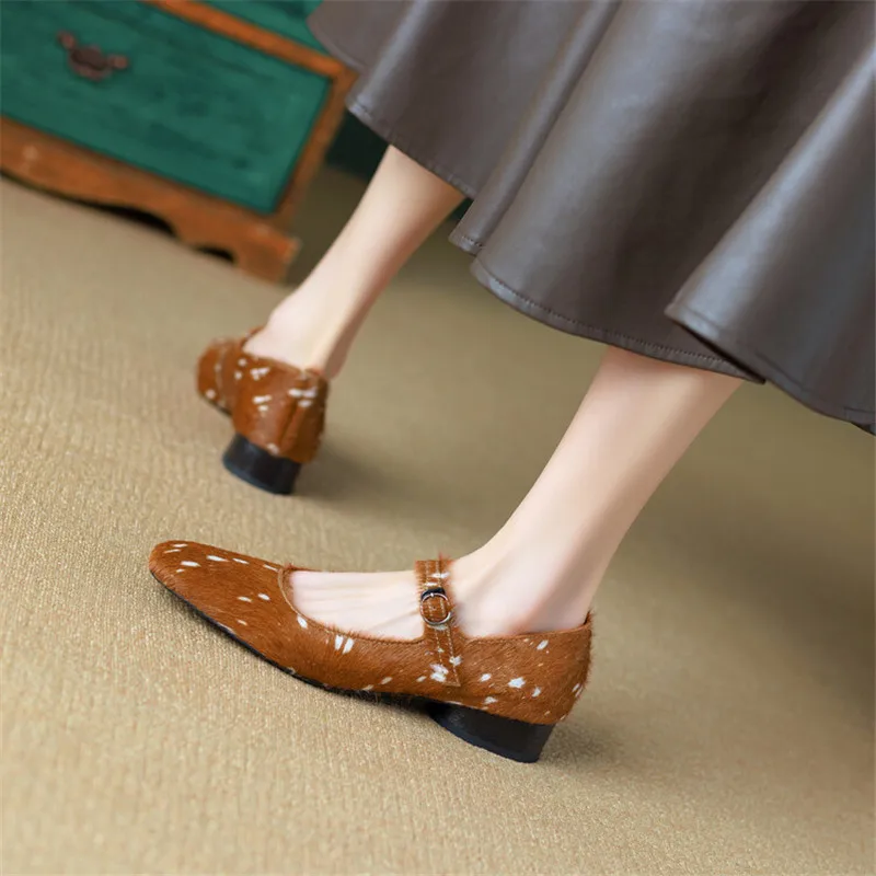 2024 Spring Women Shoes Square Toe Chunky Low Heels Mary Jane Shoes for Women Horsehair Women Pumps Ladies Shoes Zaptos Mujer