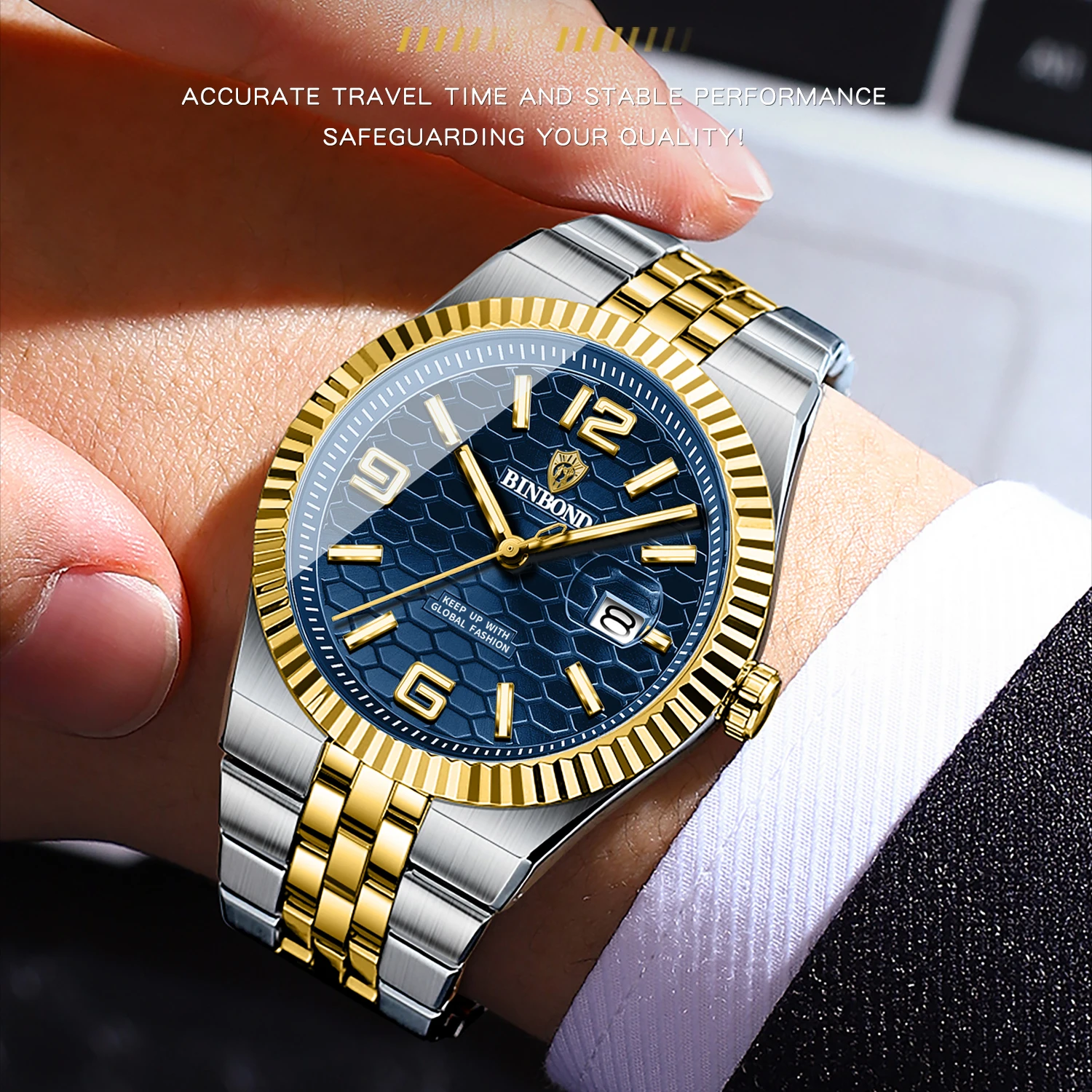 Binbond original militar homem relógio de pulso quartzo semana data relógio para homem à prova dwaterproof água luminosa aço inoxidável relógios masculinos reloj