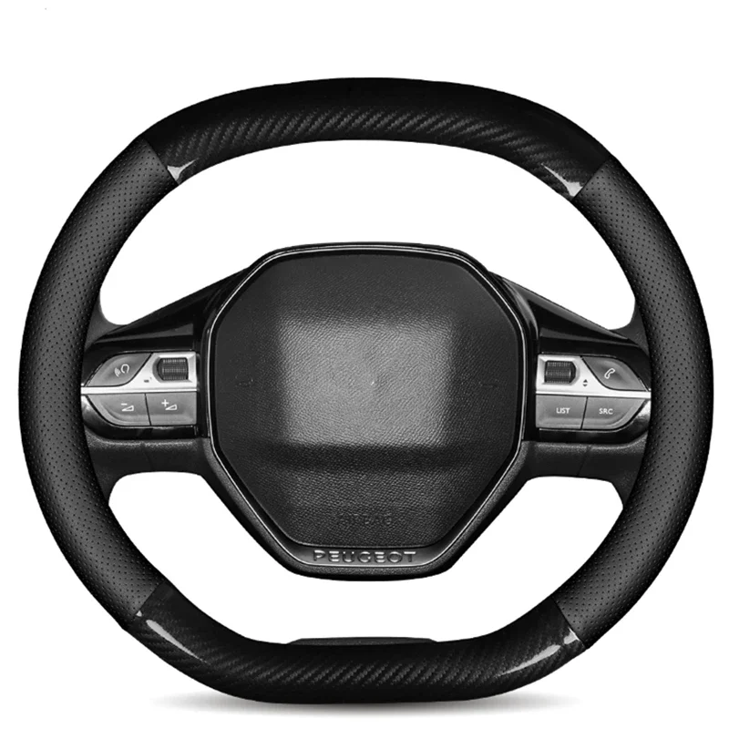 For Peugeot 308 Steering Wheel Cover Genuine Leather Carbon Fiber Car Steering Wheel Cover Women Man Summer Winter