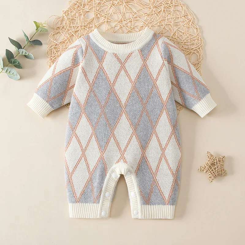 Autumn Ins Infant Boy Bodysuit Cotton Knitted Argyle Color Blocking Baby Boys Sweaters Long Sleeve Pullover Newborn Boy Knitwear