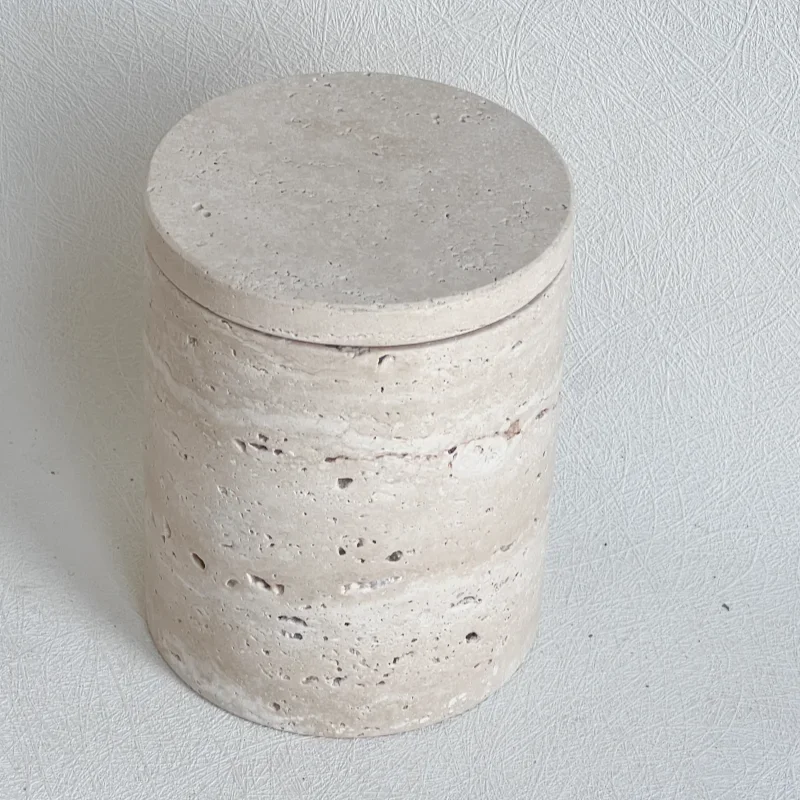 D9X11.5CM Wabi-sabi Beige Travertine Marble Jars Stone Vessel Storage Candle Tank with lid and boxes Packaging
