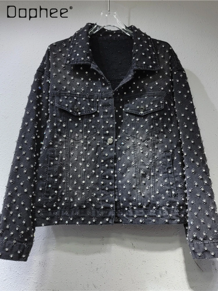 

Korean Style Jacquard Diamond Denim Polo Collar Jacket Women 2024 Spring and Autumn New Single-Breasted Casual Black Coats