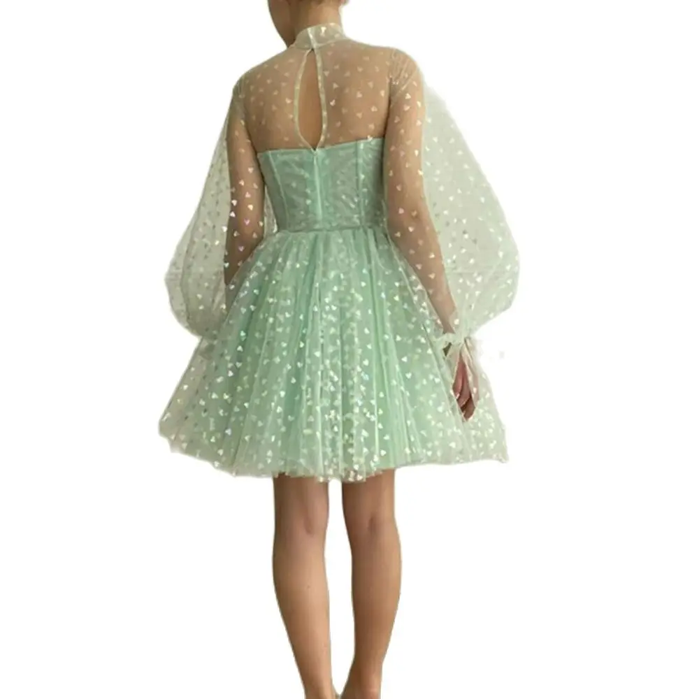 

New Light Green Tulle Short Prom Dresses Puff Long Sleeves High Neck Ball Gown Homecoming Party Dress With Bow Sash