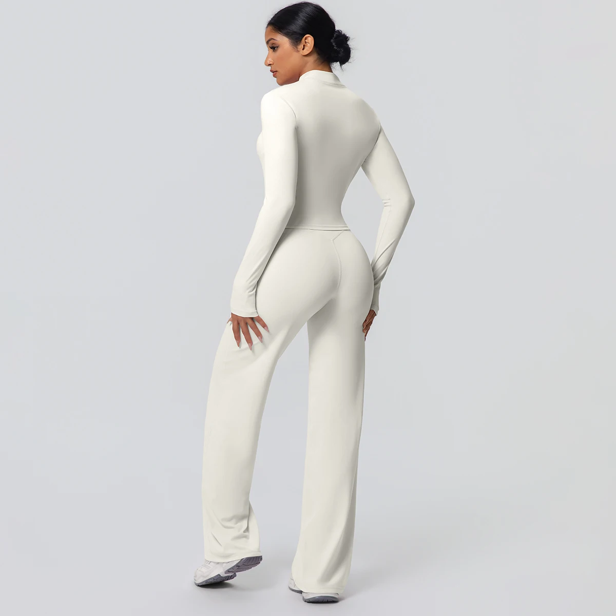 2 stück Schnell Trocknend Sport Fitness Kleidung Yoga Set Frauen Yoga Zipper Lange Ärmel Hohe Taille Atmungsaktive Breite Bein Hosen set – Detail 30