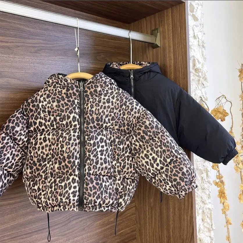 New Fashion Leopard Print Thicker Jacket Kids Winter Wear On Both Sides Warm Outerwear Children Hooded Parka Kids Coats Wz1381