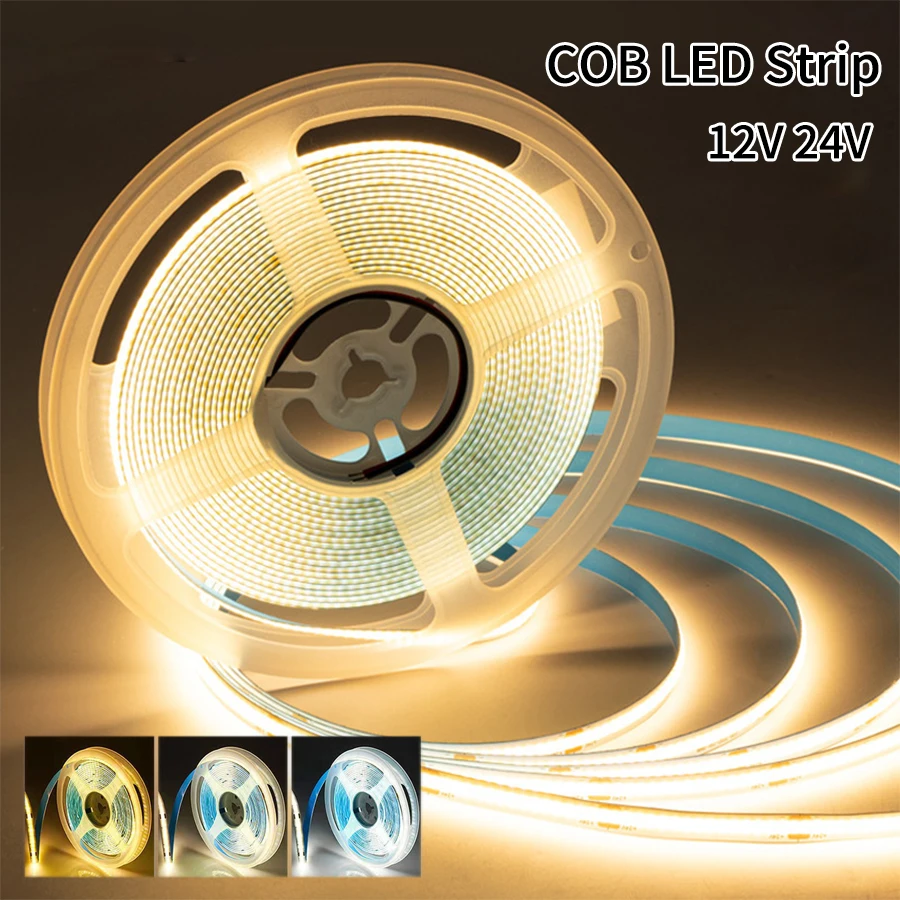 DC 12V 24V COB LED Strip Light 320 LEDs/m High Density Flexible 3000K 6500K Tape Light for Home Kitchen Bedroom Decoration