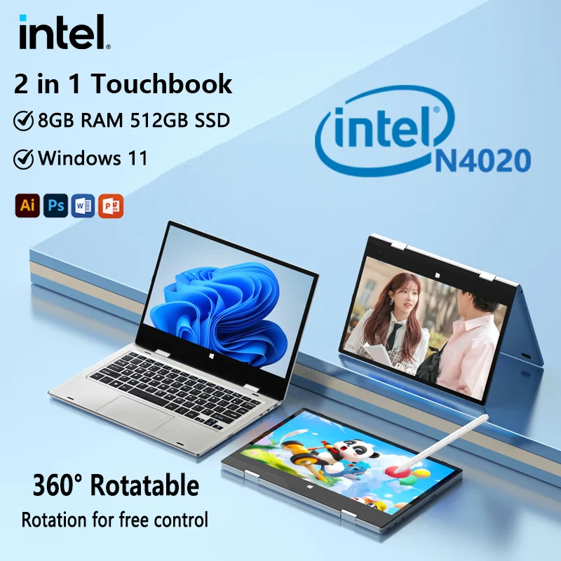 Tablet PC Computer Portable 2 in 1 Laptop Computer Intel N4020 11.6 Inch Touch Screen Notebook 8GB DDR4 512GB SSD Windows 11 Pro