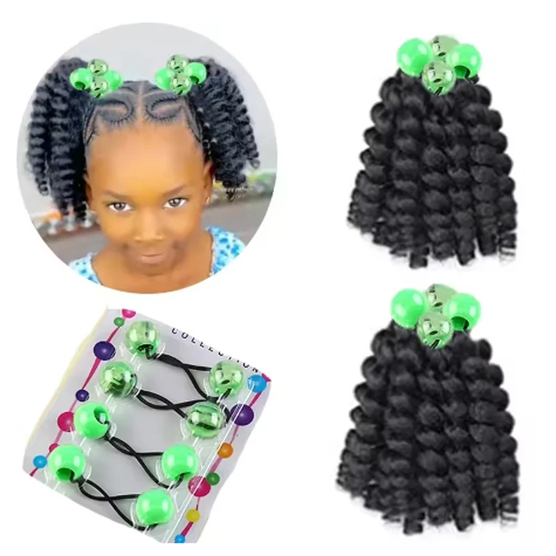 

2pcs Kids Ponytail Hair Extension Braid Girls Braided On Go For Girl Beads,Black Hair Band & ball Included Detachable Reusable