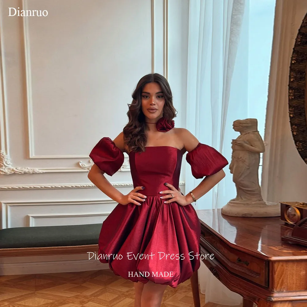 

Dianruo Burgundy Puff Sleeves Prom Dress Neck Flower Decoration Satin Homecoming Dress A Line Pleated Cocktail Dress Customized