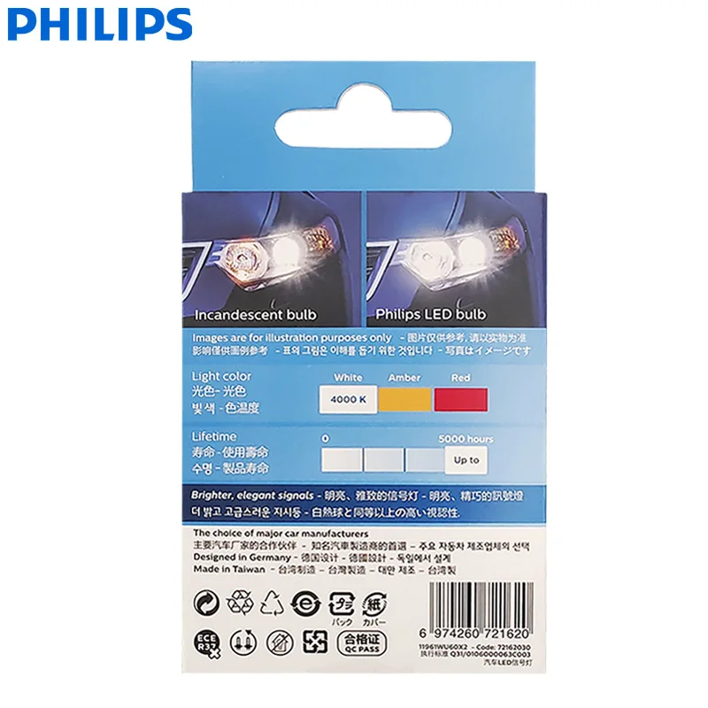 Philips Ultinon Pro6000 LED T10 W5W 4000K Warm White Bright Car Interior Light Turn Signals No Flash No Error 11961WU60X2, Pair