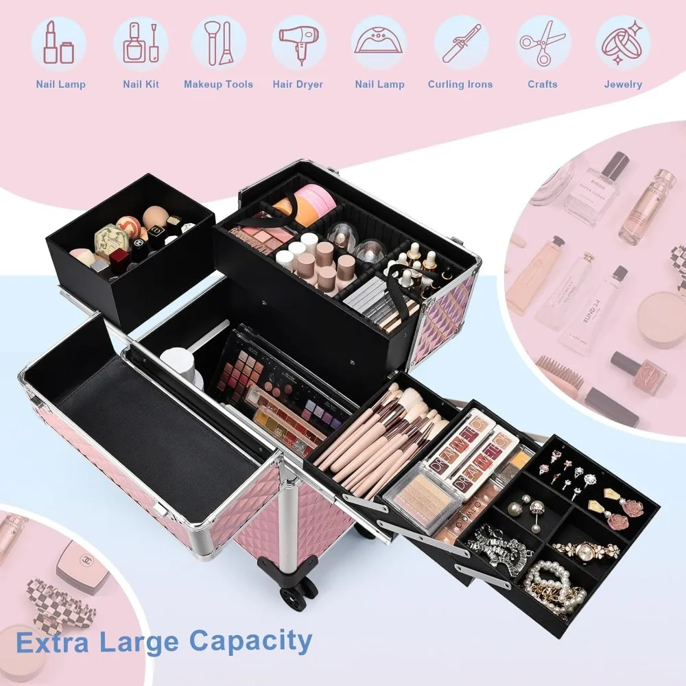 Large Rolling Makeup Train Case with 4 Trays, Sliding Rail, Removable Layer, Key Lock & Swivel Wheels for Salon Travel