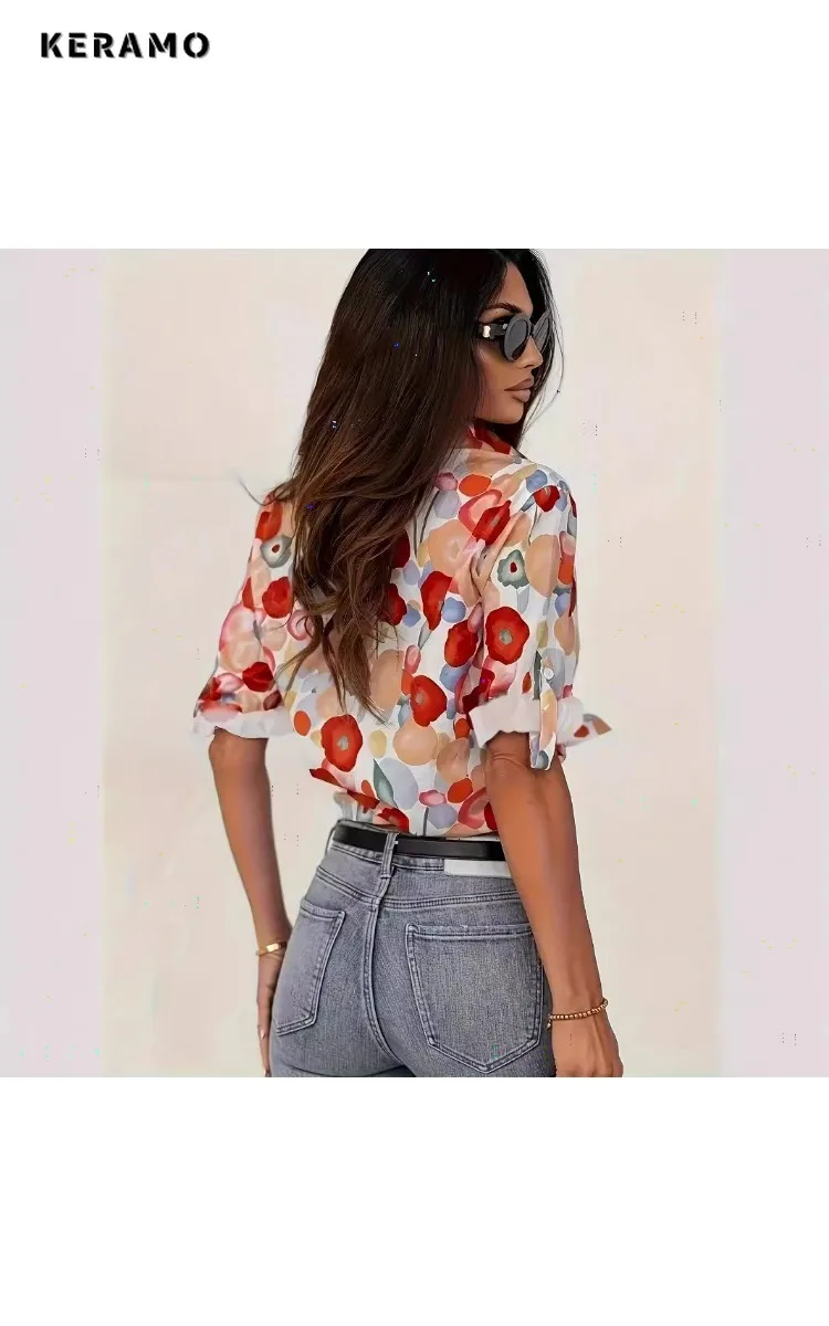 French Elegant Style Floral Print Turn Down Collar Luxury Blouses 2025 Winter Women Office Lady Long Sleeve Shirts Chiffon Top