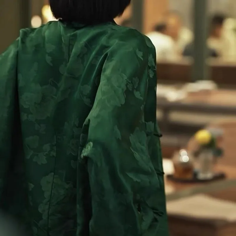 

Chinese Style Retro Green Blouse Women Spring Summer New Temperament Buttoned Long Sleeve Shirts Casual Stand Collar Female Tops