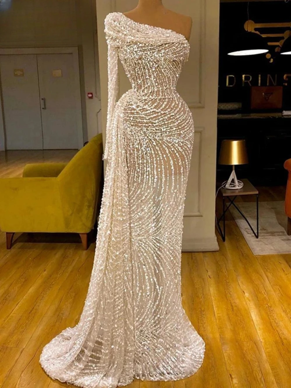 Illusion One Shoulder Cocktail Dresses Sparkly Sequin Bead Evening Dress Luxury Mermaid Prom Gown Robe De Mariée Customized