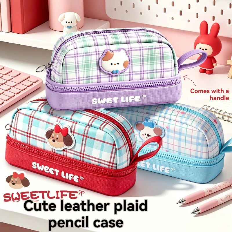 1PC Grid Cute Pet Pen Bag Ins Style High Beauty Stationery Box Student Cartoon Cute Large Capacity Stationery Bag