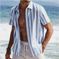 Camisa de praia listrada masculina, camisa de manga curta, lazer, estampa de resort de praia, casual, moda verão, 5XL