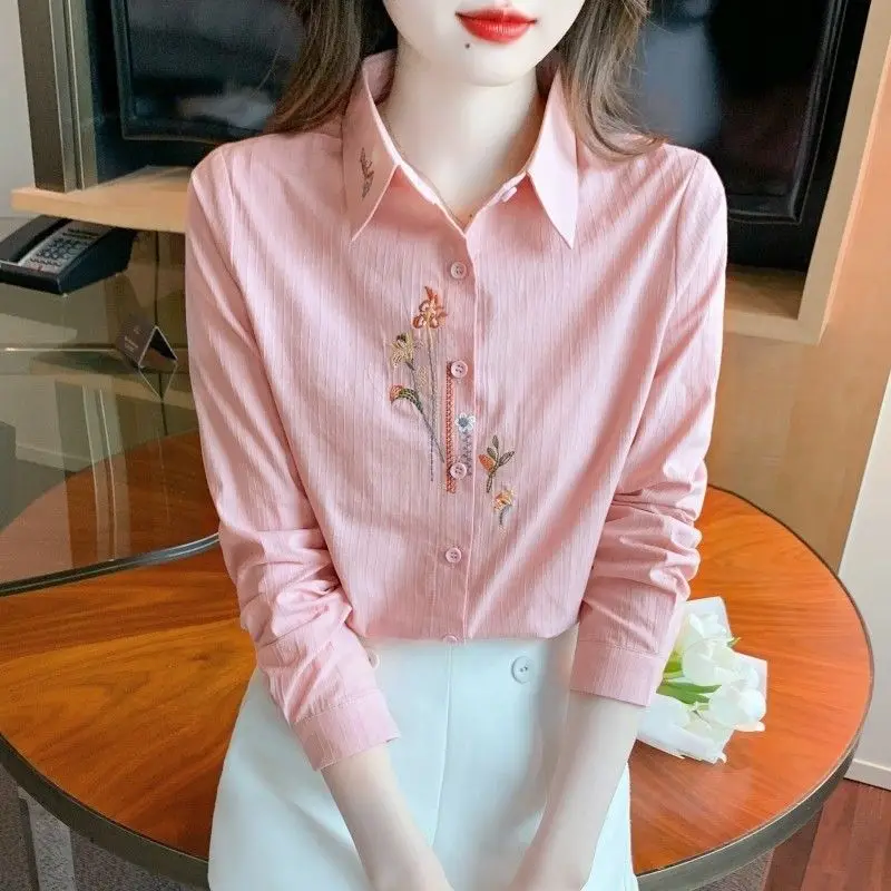 Spring Autumn New Fashion Turn-down Collar Long Sleeve Blouses Women\'s Clothing Embroidered Korean Simplicity All-match Shirts