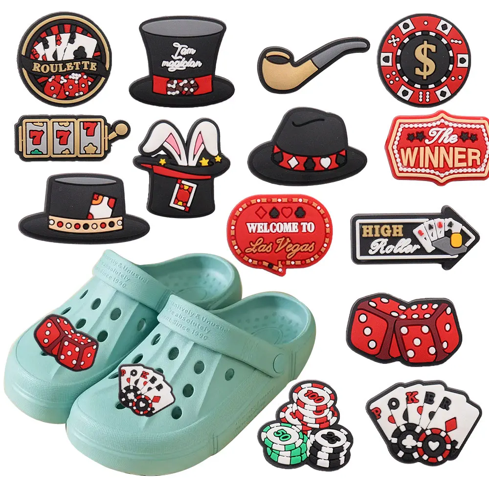 New Arrival 1pcs PVC Poker Coin Dice Pipe Magic Hat Shoes Charms Accessories Buckle Clog Sandal Decorations DIY Backpack Gift