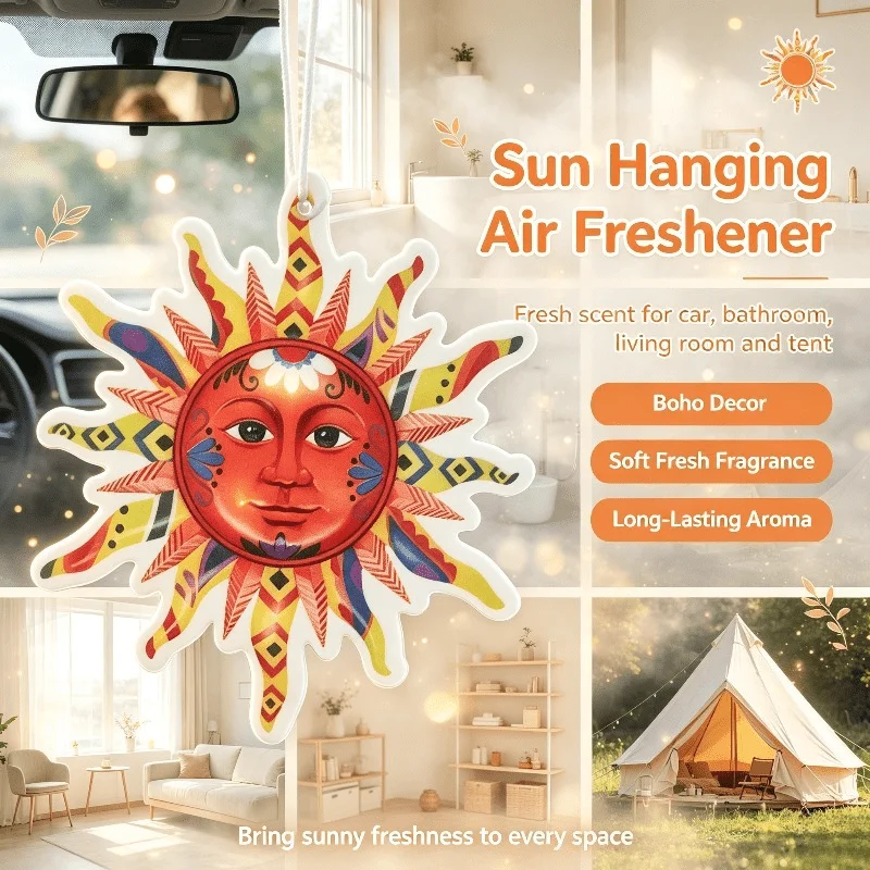 Car Air Freshener Boho Style Colorful Sun Face Hanging Scent Card for Car Interior Decor Rearview Mirror Ornament Gift