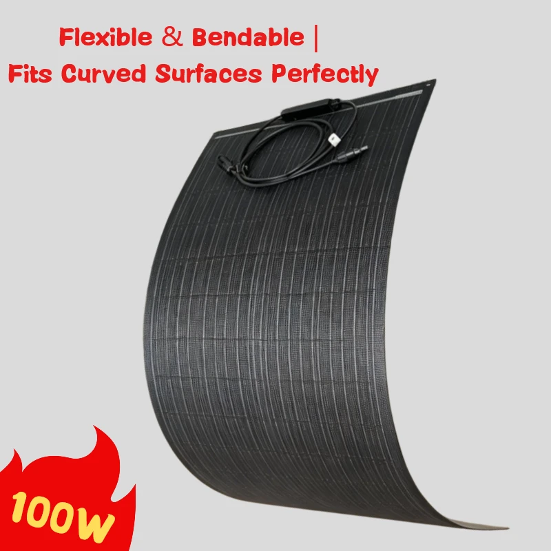 100 W Flexibles Solarpanel aus ETFE-Material, Mono-Zelle, 25% hoher Wirkungsgrad für Balkon, Wohnmobil, Boot, Dach, Camping, Zuhause, Yacht, unebene Oberflächen