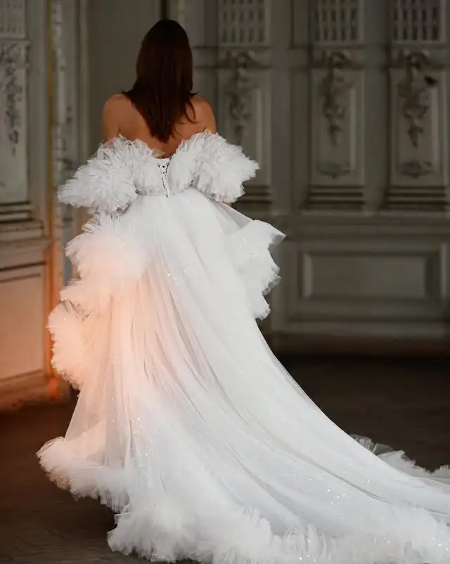 Vestido de noiva de tule em camadas brilhantes, sessão de fotos, vestido de aniversário alto e baixo, glitter, tule, vestidos de festa de baile, vestido de noiva